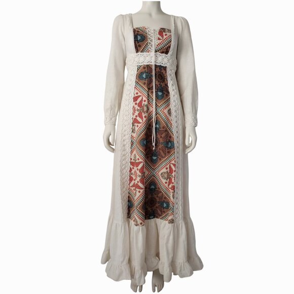 Vintage 70s Cotton Eagle Print Lace Up Long Sleeve Renaissance Maxi Dress